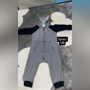 Carter's Black and White Striped Hooded Jumpsuit